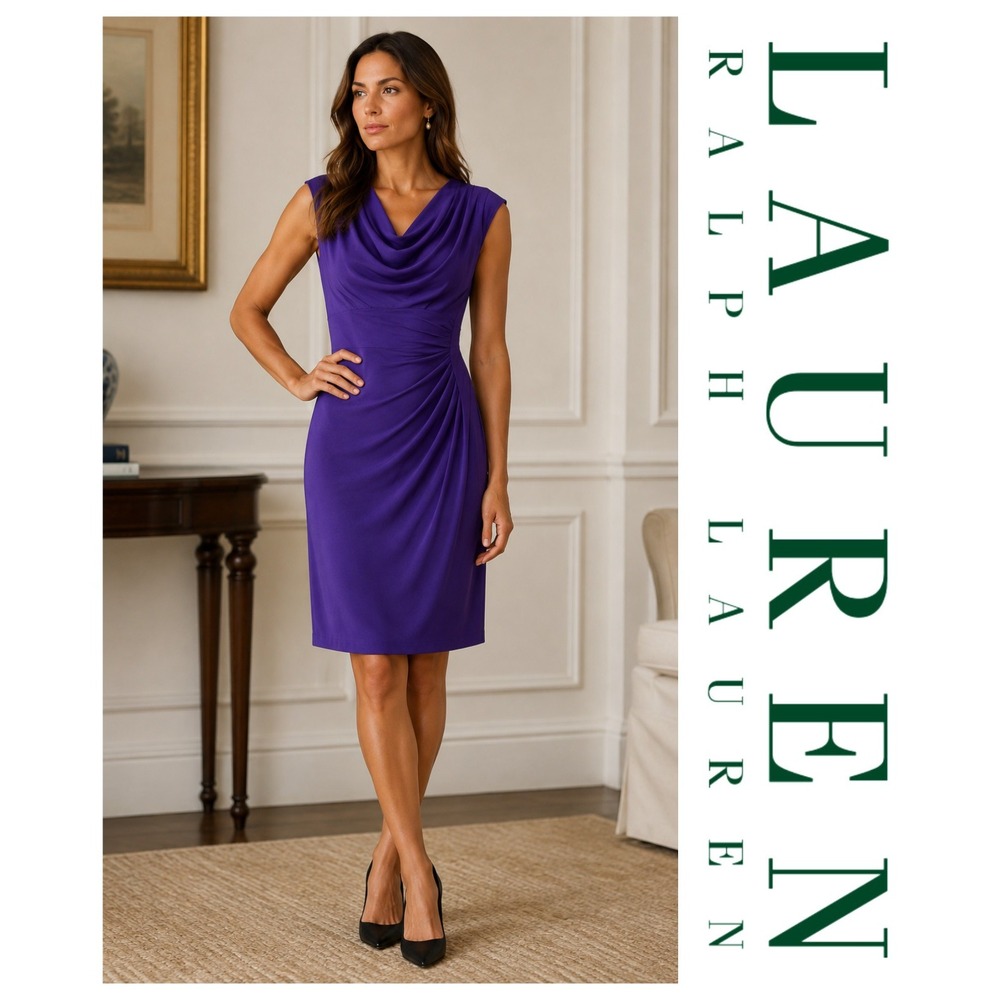 Lauren Ralph Lauren Purple Ruched Cowl Neck Sleeveless Sheath Dress Size 6